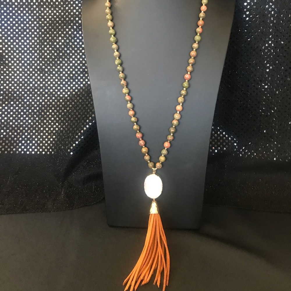 Long Beaded Necklace with burnt orange suede tassel